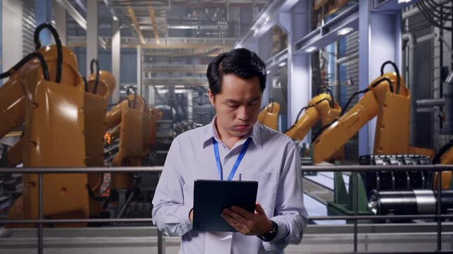 Asian Male Professional Worker Standing With His Tablet With Industrial Robotic Arms Working, He Is Nodding His Head With Dissapionted