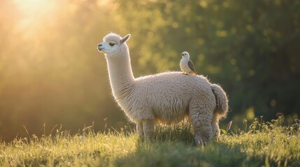 Fototapeta premium Charming Alpaca with Bird in a Serene Nature Setting at Sunrise