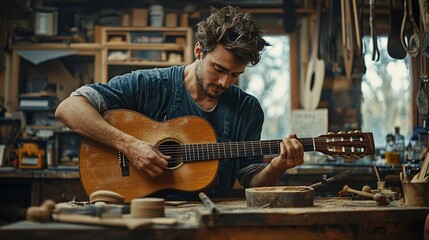 Obraz premium Craftsman meticulously repairing a vintage acoustic guitar in his workshop.