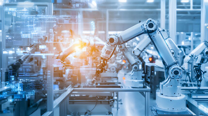 A robot is seen in a factory with a blue background