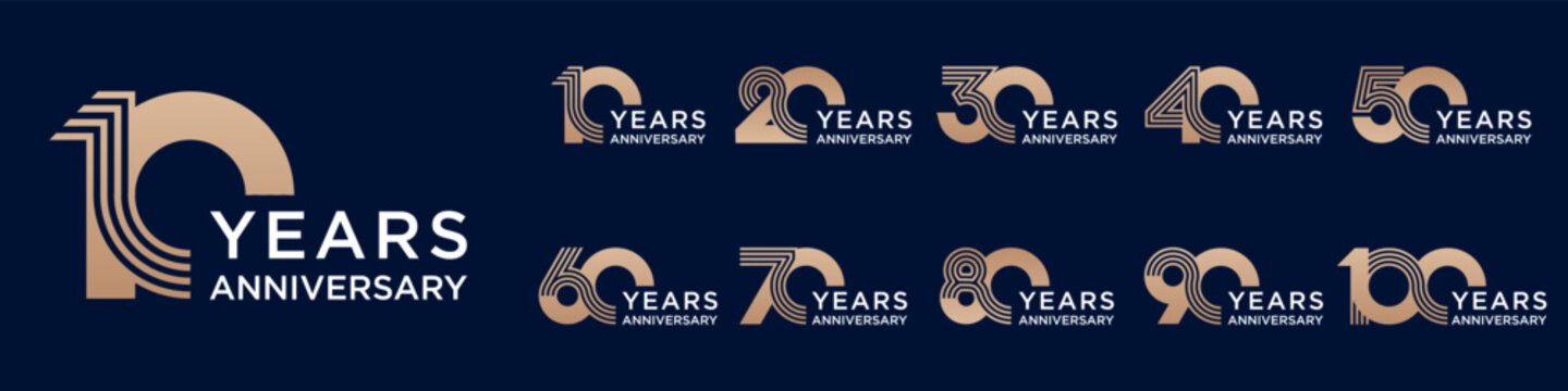collection anniversary 10 to 100 year logo designs. abstract number for celebration event, wedding, greeting card, and invitation, vector illustration