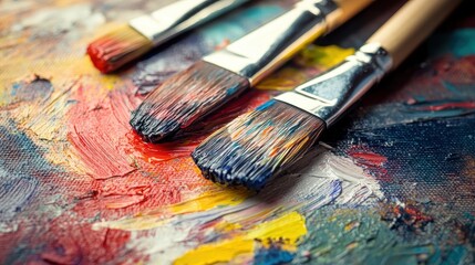 Fototapeta premium Close-Up of Paint Brushes on Colorful Palette with Vibrant Paints