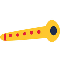 This image features a colorful toy trumpet, predominantly yellow with a red stripe near the mouthpiece and four red dots along the body. The bell of the trumpet is black. This vibrant and playful toy 