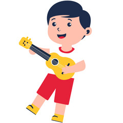 This image shows a boy playing a guitar. The boy is depicted in a cartoon style with black hair, wearing a red shirt, red shorts, and yellow shoes. The guitar he is playing is yellow with black string