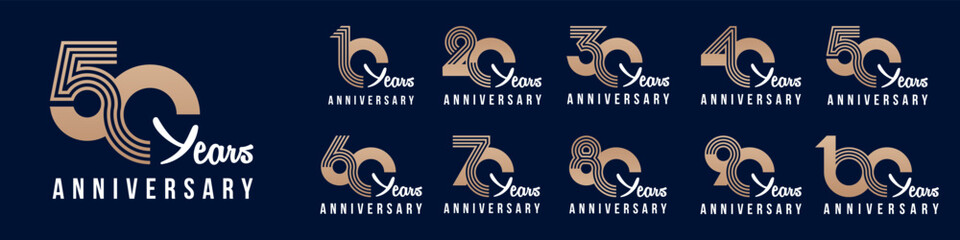 collection anniversary 10 to 100 year logo designs. abstract number for celebration event, wedding, greeting card, and invitation, vector illustration