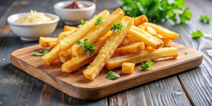 Crunchy yuca frita on a wooden cutting board, fried, side dish,  fried, side dish, crispy