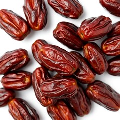 closeup of a bunch of dates on a white background, dates are usually served when breaking the fast during of Ramadan 