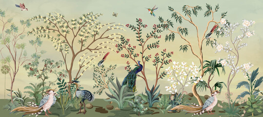 Chinoiserie, Wall Mural, Tropical wall Mural Design, Birds, Peacock. © Sharif