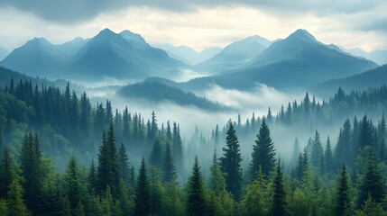 Obraz premium Misty mountain landscape with evergreen forest.