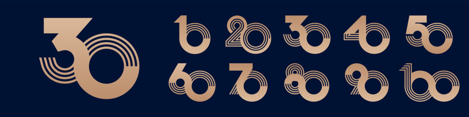 collection anniversary 10 to 100 year logo designs. abstract number for celebration event, wedding, greeting card, and invitation, vector illustration