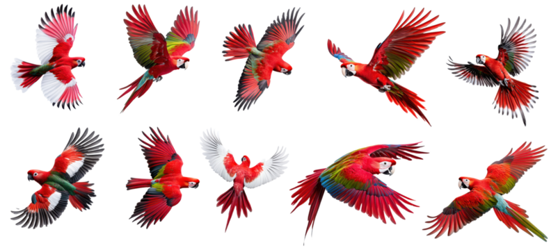 scarlet macaws flying in various poses