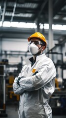Factory Worker in Protective Gear Made from Recycled Materials in Green-Certified Facility