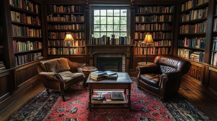 Cozy library with leather chairs & bookshelves. Ideal for themes of reading, knowledge, and comfort.