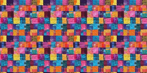 Fototapeta premium Vibrant colorful patchwork quilt with multicolored fabric squares