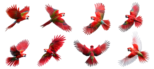  scarlet macaws flying in various poses 