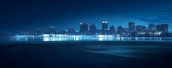 City skyline illuminated at night reflects upon calm water