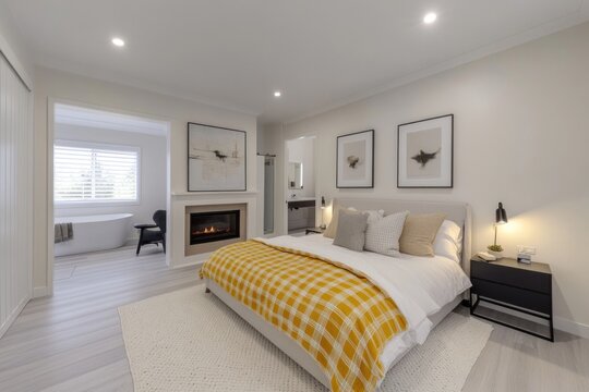 Modern bedroom with ensuite bathroom, fireplace, and yellow blanket.