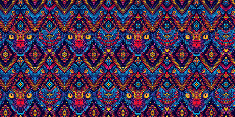 Colorful abstract pattern with symmetrical geometric shapes and animal features