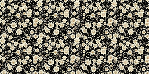 Elegant floral pattern with cream flowers and swirling vines on black background