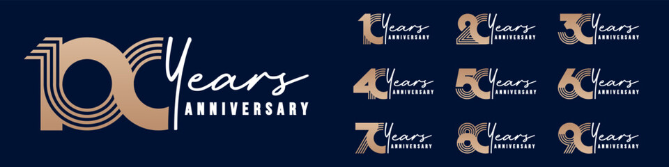 collection anniversary 10 to 100 year logo designs. abstract number for celebration event, wedding, greeting card, and invitation, vector illustration