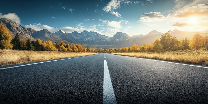 A captivating close-up of an asphalt road with its textured surface leading into infinity, bisected by a stark white line that guides travelers on their journey under an open sky