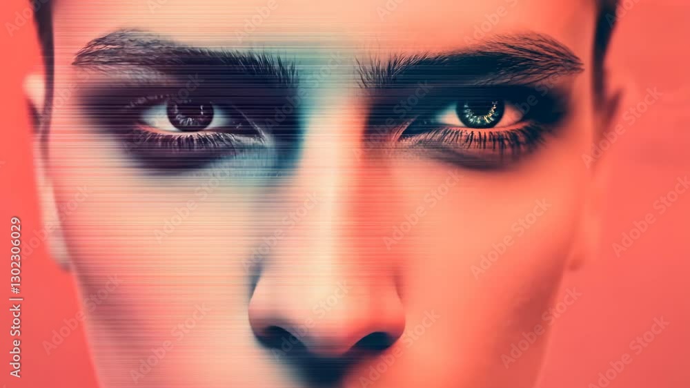 Poster abstract digital art with pixel noise and glitch error design featuring blurred face and vibrant cor