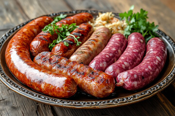 Close-up of a delicious Sausages (A common food throughout Europe, coming in countless varieties, from German bratwurst to Spanish chorizo.)