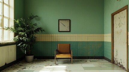 Fototapeta premium Abandoned room with chair, plant, clock, and peeling paint. Concept of decay, abandonment, and neglect.