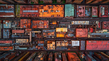 Obraz premium Aerial view of a dense urban industrial complex, colorful rooftops, and towering buildings