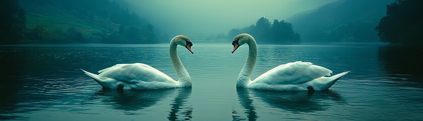 Obraz premium Swans gliding on a serene lakeside tranquil nature scene peaceful environment captured from a viewpoint perspective