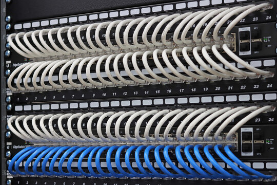 An Ethernet data switch connected to patch panels using patchcords. Installed in a telecommunications rack. 