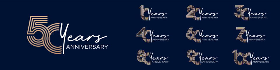 collection anniversary 10 to 100 year logo designs. abstract number for celebration event, wedding, greeting card, and invitation, vector illustration