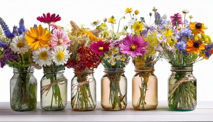 Obraz premium Colorful wildflower bouquets in rustic glass jars 