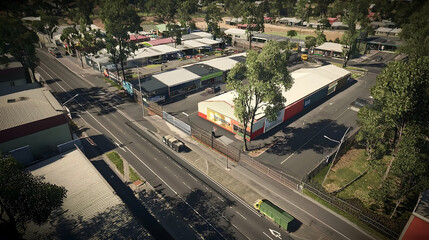Aerial view of suburban shops, road, and vehicles; background shows trees and buildings; ideal for urban planning or real estate