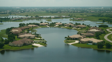 Obraz premium Aerial view of luxury homes surrounding a network of lakes in a golf community