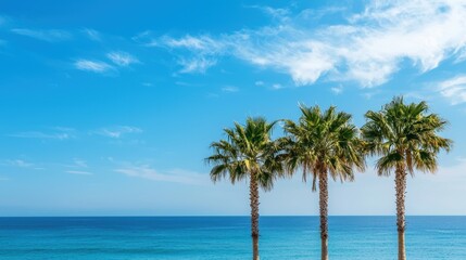 Obraz premium Three palm trees on a sunny day with blue sky and ocean. Tropical vacation concept.