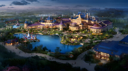 Fototapeta premium Fantasyland Resort Aerial Dusk Landscape, Lakeside Buildings, Evening Entertainment