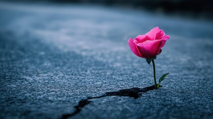 Delicate Pink Flower Blooms Through Crack in Asphalt Roadway
