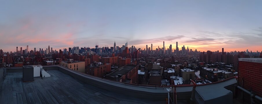 Panoramic view reveals new york city skyline during colorful sunrise
