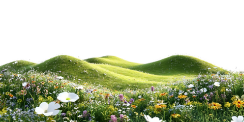Green hills of flowers and flora landscape cut out PNG isolated transparent overlay