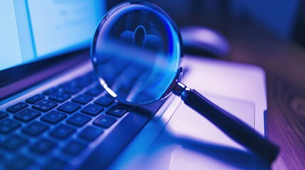 Close-up of laptop screen with search bar and magnifying glass icon, representing online privacy and data security concerns in digital age.
