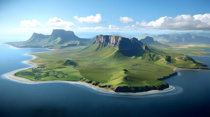 Fototapeta premium Coastal Island Aerial View Lush green landscape, dramatic cliffs, ocean backdrop, perfect for travel brochures