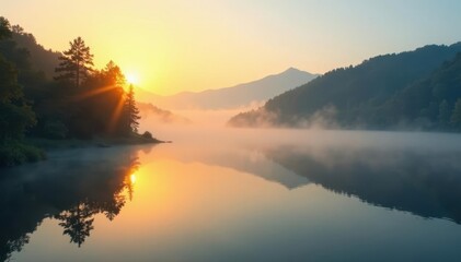 Fog shrouds lake at morning light warm golden hues, sun, warmth