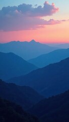 Fototapeta premium Layered blue mountains meet the horizon under a gradient sky at dusk, earthy, atmospheric, sky