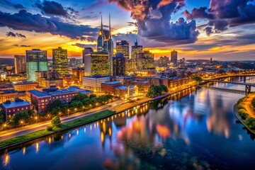 Obraz premium Aerial View of Downtown Nashville at Night, Illuminated Cityscape, Tennessee