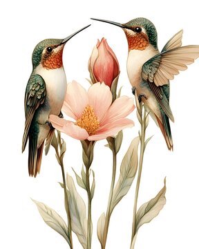 Two colorful birds perched gracefully on a vibrant blossoming flower in nature