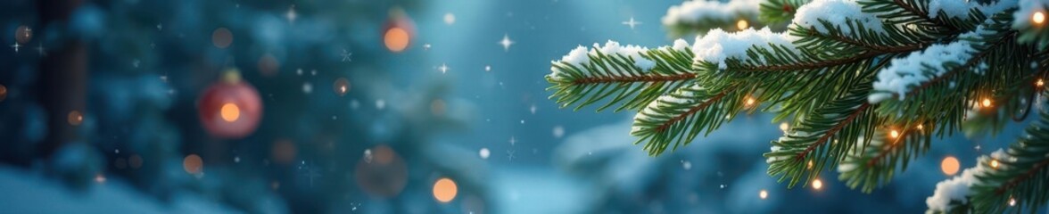 Snow-covered pine tree branch with sparkling crystal ornaments, twinkle, evergreen, crystal