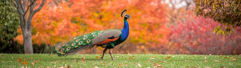 Obraz premium A peaceful wildlife moment with a peacock walking in a vibrant autumn park nature photography gigapixel view