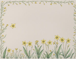 Obraz premium A delicate and cheerful illustration featuring a border of hand-drawn yellow flowers and green foliage, perfect for spring-themed designs.