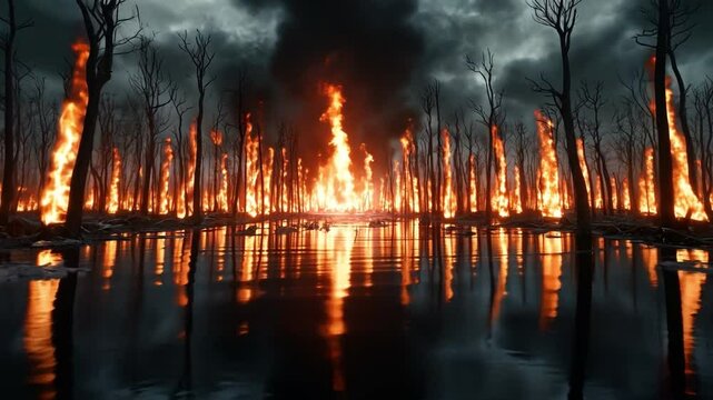 Intense scene of a burning battlefield as two factions clash fiercely over dwindling resources.
